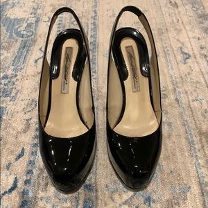Brian Atwood Black Patent Leather Slingback Heels